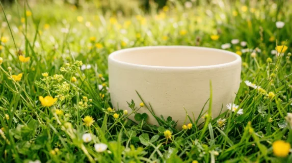 a close-up view of the matte cream tub resting amidst the lush green grass, with wildflowers softly framing the scene. the focus is sharp on the tub's texture and color