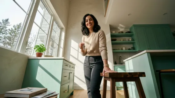 from a low angle, the middle-eastern female marketing director stands confidently in her modern kitchen, keys in hand, framed against the blank wall and mint green