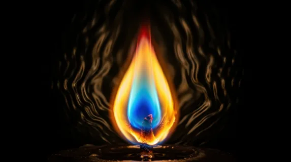 Extreme close-up of a single candle flame at peak burn, the teardrop shaped flame rendered in extraordinary thermal detail, innermost core a deep electric blue where