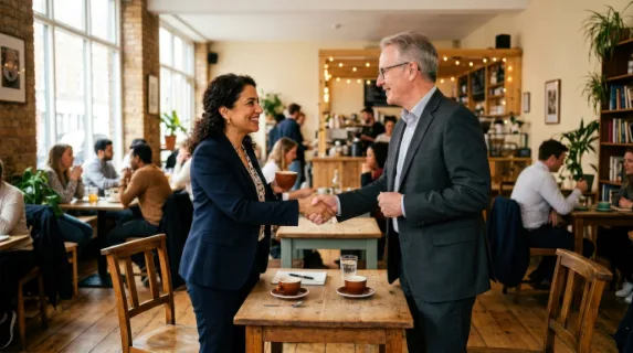 a 45-year-old middle-eastern female founder and an investor engaged in a firm handshake over espresso drinks in a bustling cafe filled with natural light. the wide shot