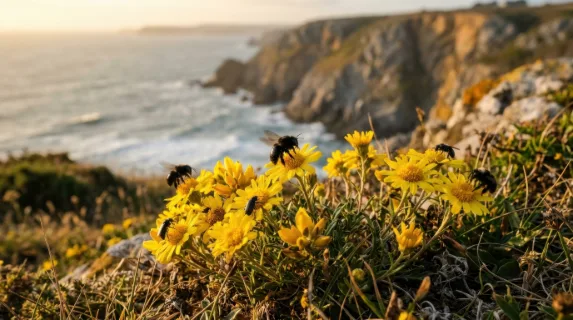 a close-up shot focusing on a cluster of bright yellow wildflowers in the meadow, surrounded by deep black pollinators flitting about. the delicate textures and vivid