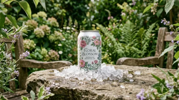 a chilled beverage can adorned with a floral design rests on a textured picnic stone, surrounded by crushed ice, creating a refreshing focal point. the lush greenery and