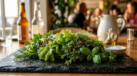 a close-up view of lush sea lettuce and herbs displaying intricate textures and vibrant greens on slate. the warm daylight creates rich contrasts, highlighting the