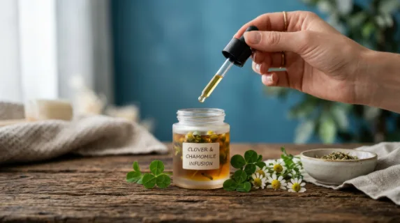 a dynamic side-profile shot of the frosted dropper jar with clover and chamomile, arranged on a textured wooden surface, capturing the vibrant green and warm orange hues.