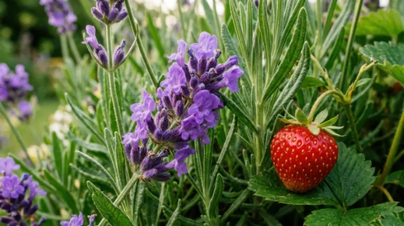a close-up detail shot of a lavender plant, its vibrant purple flowers showing intricate textures against a backdrop of lush green foliage. a ripe strawberry nestles