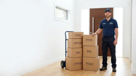 a graphic composition featuring the mover standing confidently beside the boxes against the bright white entrance, optimized for advertising with a clean background and