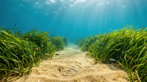 a serene underwater scene showcasing vibrant seagrass swaying gently with the current, framed symmetrically against the turquoise blue hues of the water and sandy gold