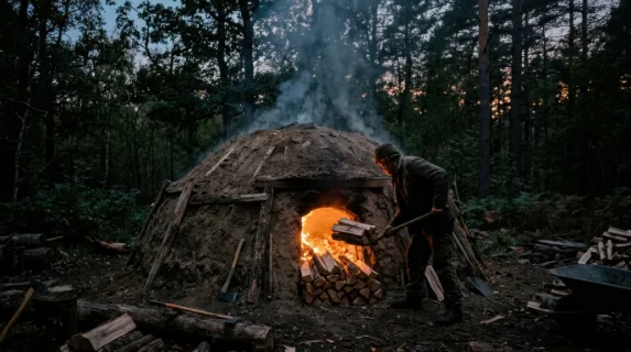 A traditional charcoal kiln in dense forest being loaded by a charcoal burner at dusk, the circular earth mound structure four meters across with carefully stacked
