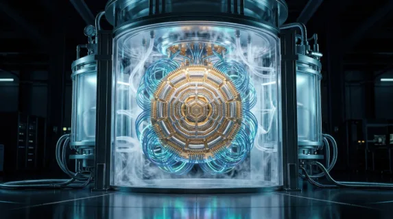 A hyper-detailed quantum computer core suspended inside a cryogenic cooling chamber, gleaming gold and silver processor chips arranged in fractal-like concentric rings,