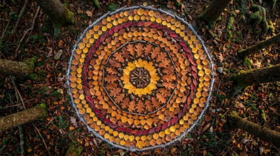 An overhead flat-lay of an old-growth forest floor in autumn, a perfect circular clearing carpeted in fallen leaves arranged by wind into a natural mandala of amber, rust