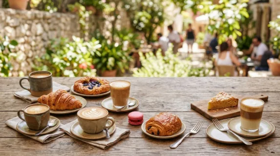 a graphic still life composition featuring an array of artistic coffee presentations and assorted pastries arranged artfully on the natural wood table, set against the