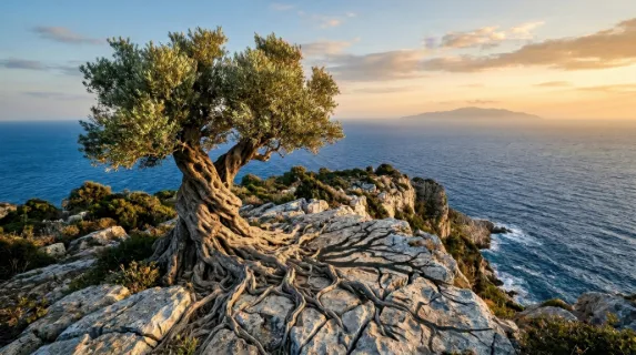 A single ancient olive tree on a rocky Mediterranean promontory at golden hour, the massively gnarled trunk twisted into a spiral by centuries of coastal wind,