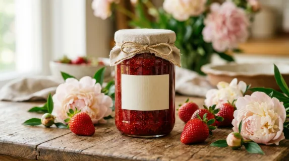 an intimate detail shot focusing on the blank-label strawberry jam jar, emphasizing its inviting hue and texture, surrounded by softly arranged peonies and fresh