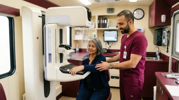 a 39-year-old middle eastern male mammography technologist is attentively assisting a patient inside a mobile medical van, surrounded by professional medical tools like a