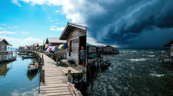 A fishing village stilted house photographed at the precise moment a storm front arrives, half the sky still brilliant turquoise and sun-struck while the other half has
