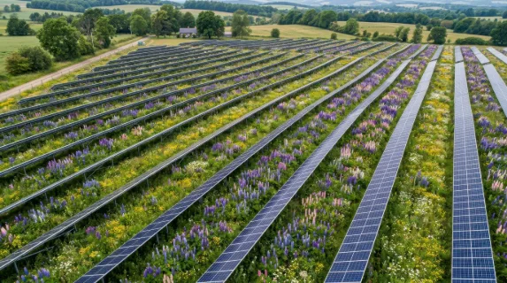 an overhead angle reveals the intricate layout of blooming lupines and solar panels, with vibrant wildflowers filling the pollinator strips, creating a rhythmic pattern