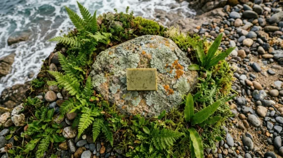 a captivating overhead view of the soap bar and lichen-covered stone, with ferns creating a natural frame around the scene. the warm and inviting light casts soft shadows