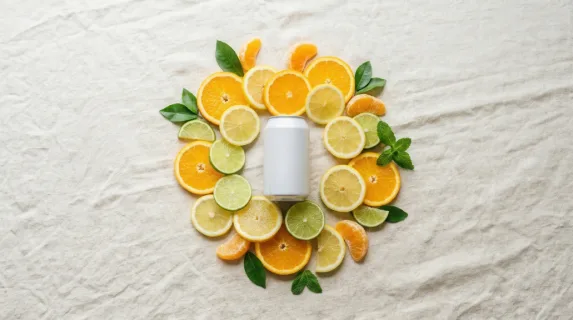 a bold, graphic composition features the blank beverage can in the center, surrounded by artfully arranged citrus slices on a soft linen tablecloth, emphasizing negative