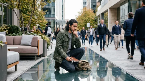 a 25-year-old hispanic male artist kneeling thoughtfully on a mirrored sidewalk in a serene urban setting, surrounded by bustling pedestrians. the scene is bathed in soft