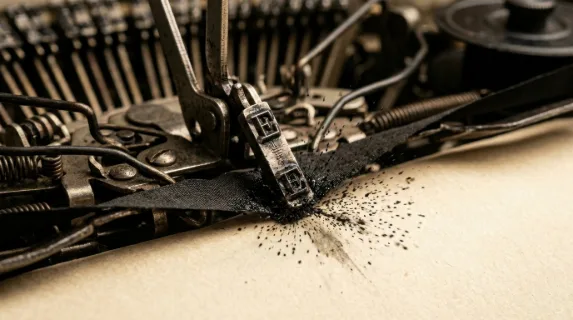 An extreme close-up of a vintage mechanical typewriter mid-keystroke, a single typebar caught by ultra-high-speed capture at the exact millisecond of ribbon impact, ink