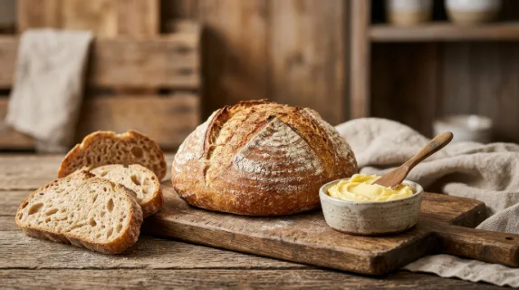 a graphic commercial composition focuses on the rustic lunch scene, emphasizing the round loaf of artisanal sourdough and the creamy cultured butter against a clean