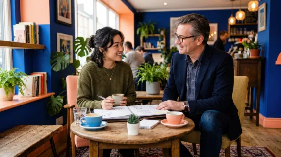 a 22-year-old asian female graduate and her mentor exchange thoughtful glances across a small, stylish coffee table in a cozy cafe with rich cobalt blue walls and bright