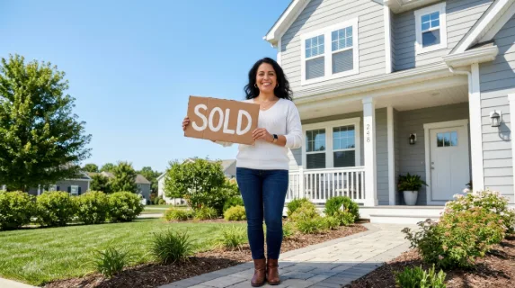 in a graphic commercial composition, a 38-year-old hispanic female homebuyer stands confidently outside her newly bought light gray house, holding a sold sign against a