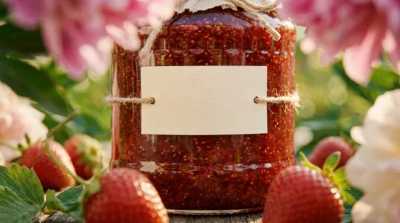 an intimate close-up shot of the blank-label strawberry jam jar, revealing the gleam of its glass and the texture of the wood underneath, framed with fresh strawberries