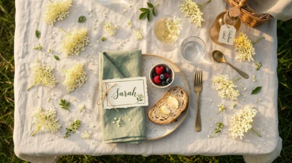 an overhead flat lay of the picnic arrangement, capturing the place card and napkins from a unique angle, surrounded by the scattered elderflower blooms on a soft,