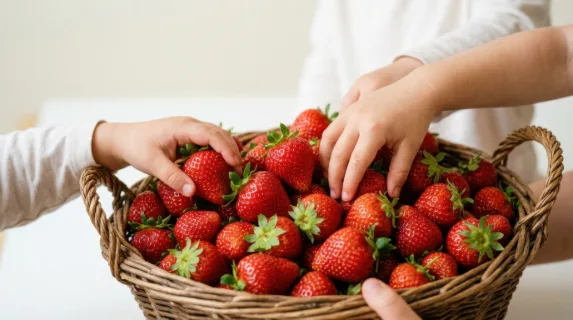 bold composition featuring a close-up of a basket overflowing with vibrant strawberries, hands of children playfully reaching in. the clean, minimal background