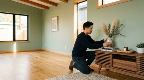 a bold and graphic composition showcases the empty living room of a contemporary adu, where a 27-year-old asian male home stager is thoughtfully arranging decor. the warm