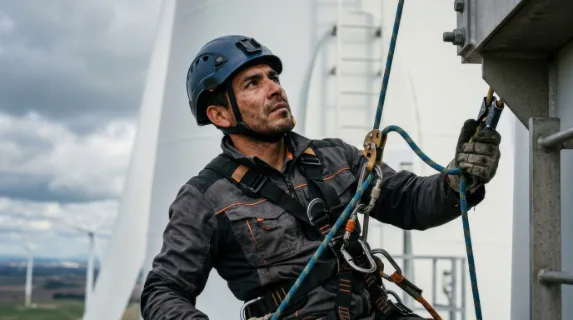 a close-up of the 36-year-old hispanic male wind turbine technician engaged in using ropes and harnesses for tower inspections, highlighting his focused expression and