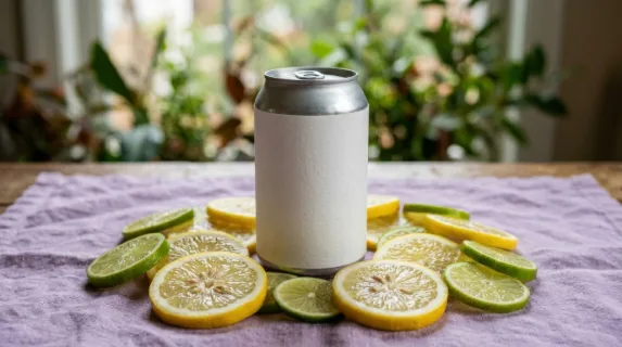 an intimate detail shot focusing on the textured label of a blank beverage can at the center of a table, surrounded by thin slices of vibrant lemons and limes. the soft
