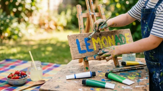bold and clean composition showcasing the child's hands actively painting signs with acrylic paints, a few snacks from the picnic blanket visible in the corner of the