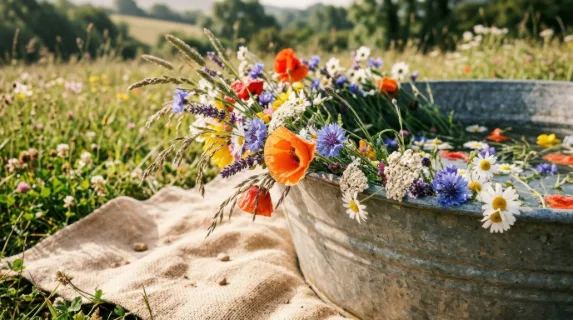 a close-up of colorful meadow flowers spilling over the edge of a galvanized cold plunge tub, layered upon a sandy beige picnic blanket. the morning sunlight glistens on