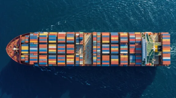 A cargo ship deck loaded with colorful stacked shipping containers stretching the full length of the vessel, seen from directly above, geometric patterns formed by the