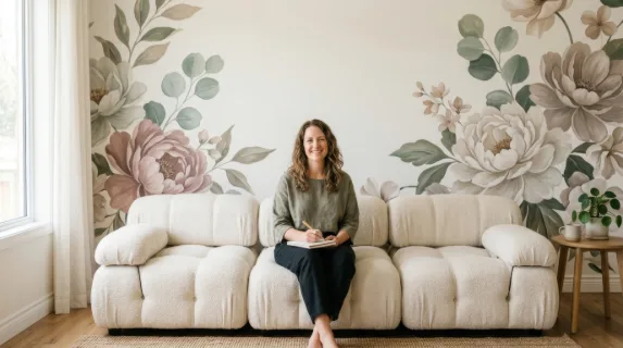 a striking composition of the therapist centered on the cloud sofa against the backdrop of oversized flowers, with balanced space for copy, ideal for wellness advertising