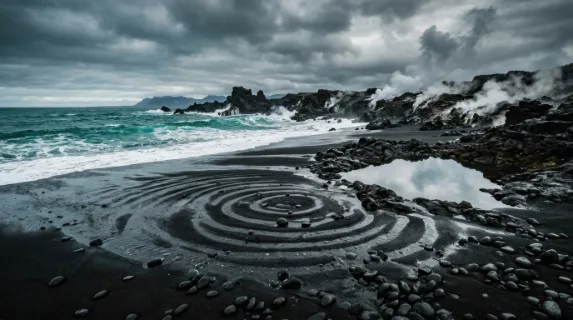 A volcanic black sand beach at low tide, perfectly smooth obsidian pebbles arranged by retreating waves into natural concentric patterns, steaming fumarole vents