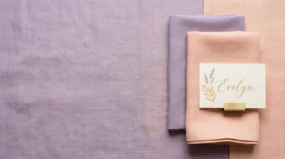 a bold, graphic composition of the place card and neatly folded napkins against the textured cloth, allowing for generous negative space on one side for potential text