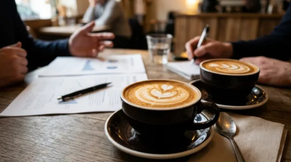 a close-up shot of rich cappuccinos on a cafe table, with printed business plan mockups slightly out of focus in the background. the creamy foam art swirls invite the