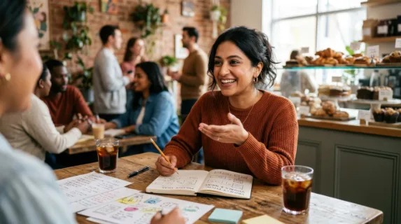 a 30-year-old south asian female team leader with a warm smile engages in a brainstorming session amid a creative pitch setup. in the foreground, printed notes and