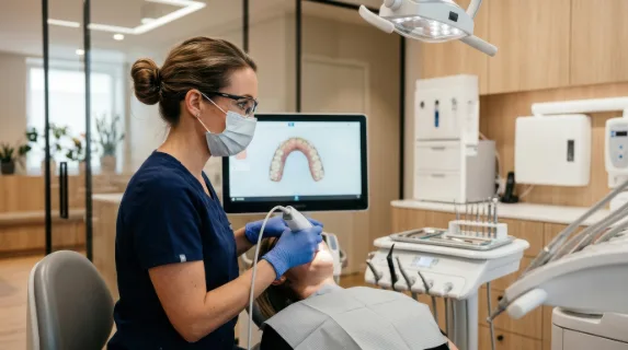 a dynamic side profile view of the orthodontist engaged with the intraoral scanner, revealing her concentration and the sleek modern dental office environment around her