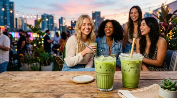 a graphic composition emphasizes the iced matcha cups placed prominently on the rooftop table, styled against a backdrop of dynamic colors and engaging faces of the