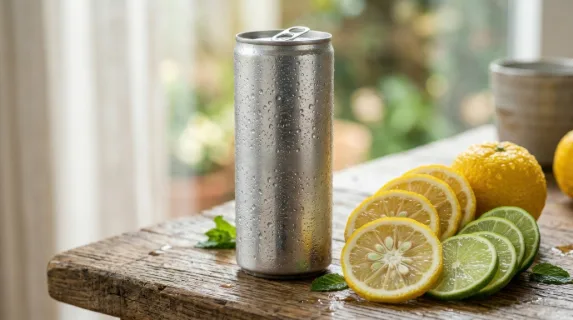 a close-up detail of the condensation on the slim can, with fresh slices of yuzu and lime artfully arranged beside it on the wooden surface. the soft north-facing window