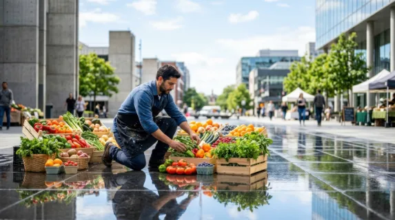 an impactful composition shows the hispanic male artist kneeled on the mirrored sidewalk, amidst the vivid arrangements of produce with ample negative space surrounding