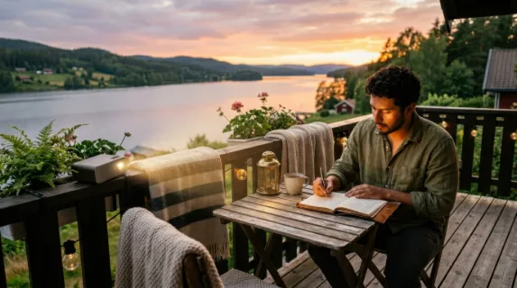 a serene balcony scene at sunset featuring a 29-year-old latino male practicing journaling at a small table, with a tranquil lakeside view in the background. the soft