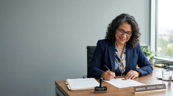 a graphic composition highlights a 50-year-old latina female notary as she signs documents at her sleek desk, showcasing clear subject separation against a soft muted