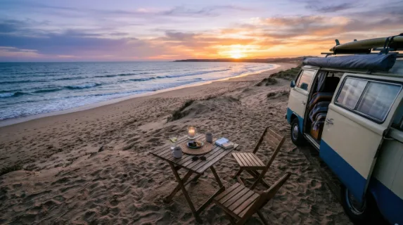 a dynamic angle featuring an overhead shot of the small outdoor table with the beach and campervan as a backdrop. the sunset radiates soft blue and lavender hues,