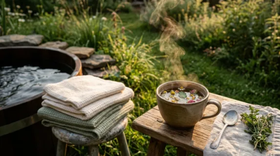 a tight focus on the steaming cup of herbal tea placed on a small wooden side table beside the cold plunge tub, highlighting the gentle steam rising amidst the lush grass