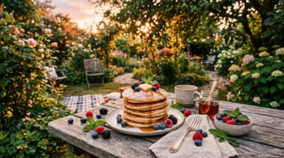 a wide shot captures a tall stack of fluffy pancakes artfully arranged on a rustic wooden garden breakfast table, surrounded by vibrant fresh berries and scattered mint